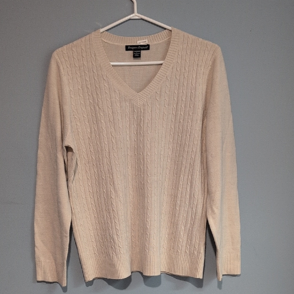 Designers Originals Luxelon Beige V-Neck Cable Knit Sweater Size L